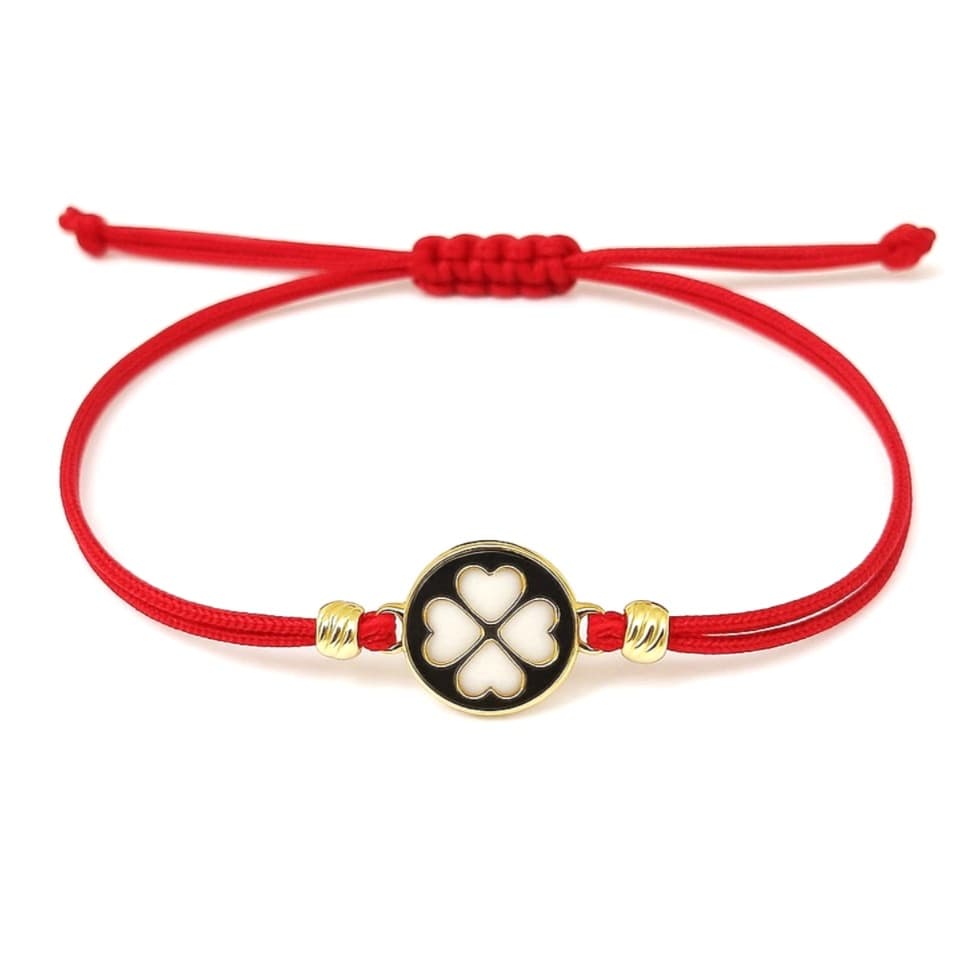 Гривна с червен конец и златна четирилистна детелина със седеф