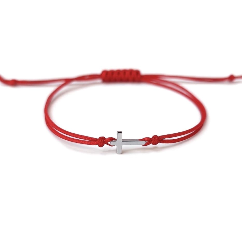 Гривна с червен конец с фино кръстче от бяло злато