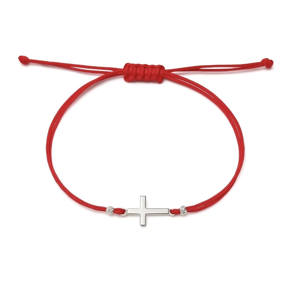 Гривна с червен конец с кръст от бяло злато