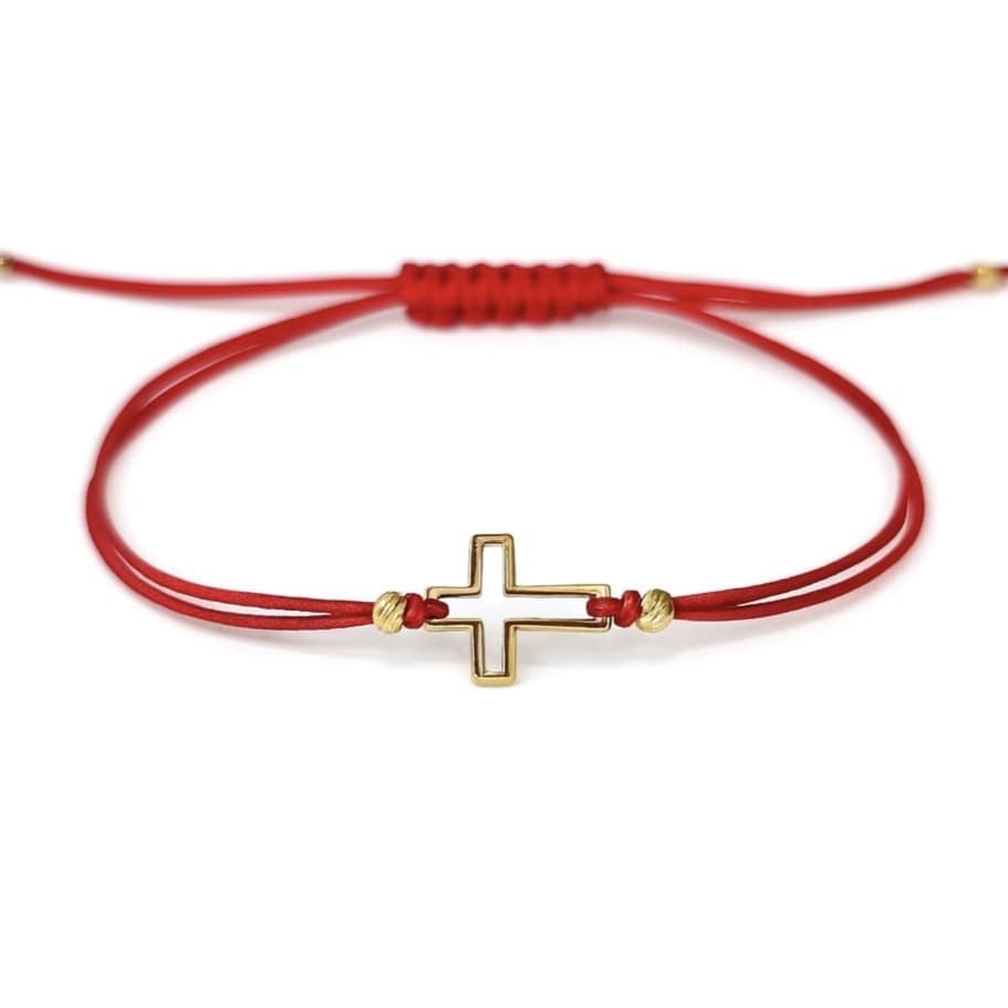 Гривна с червен конец с кръст от 14 карата жълто злато