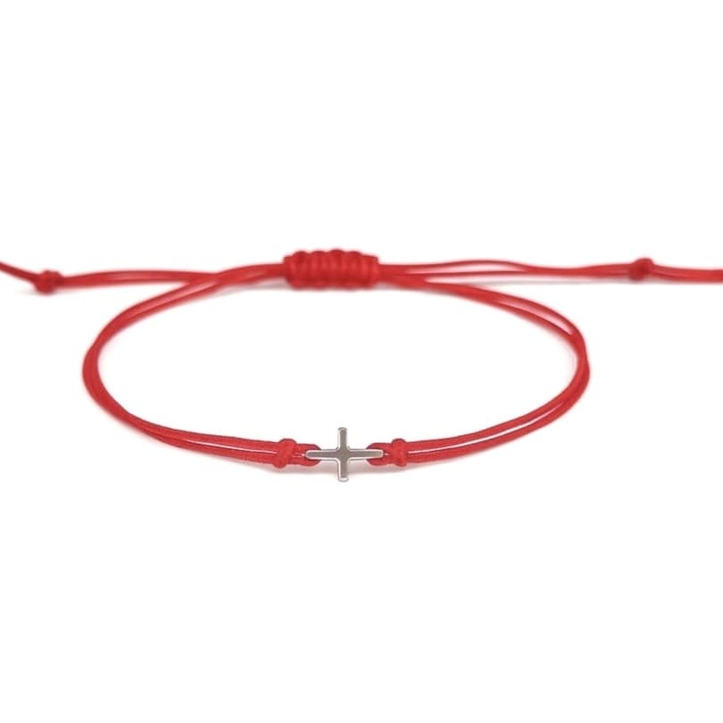 Гривна с червен конец и кръстче бяло злато