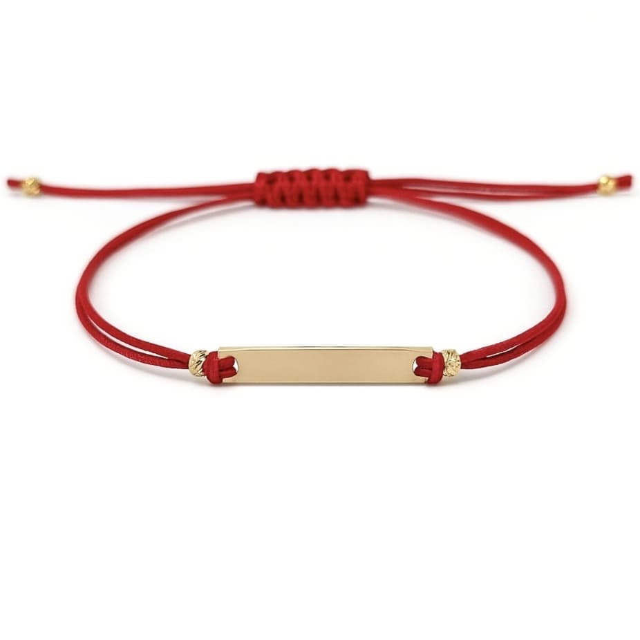 Гривна с червен конец с плочка от жълто злато 14 карата