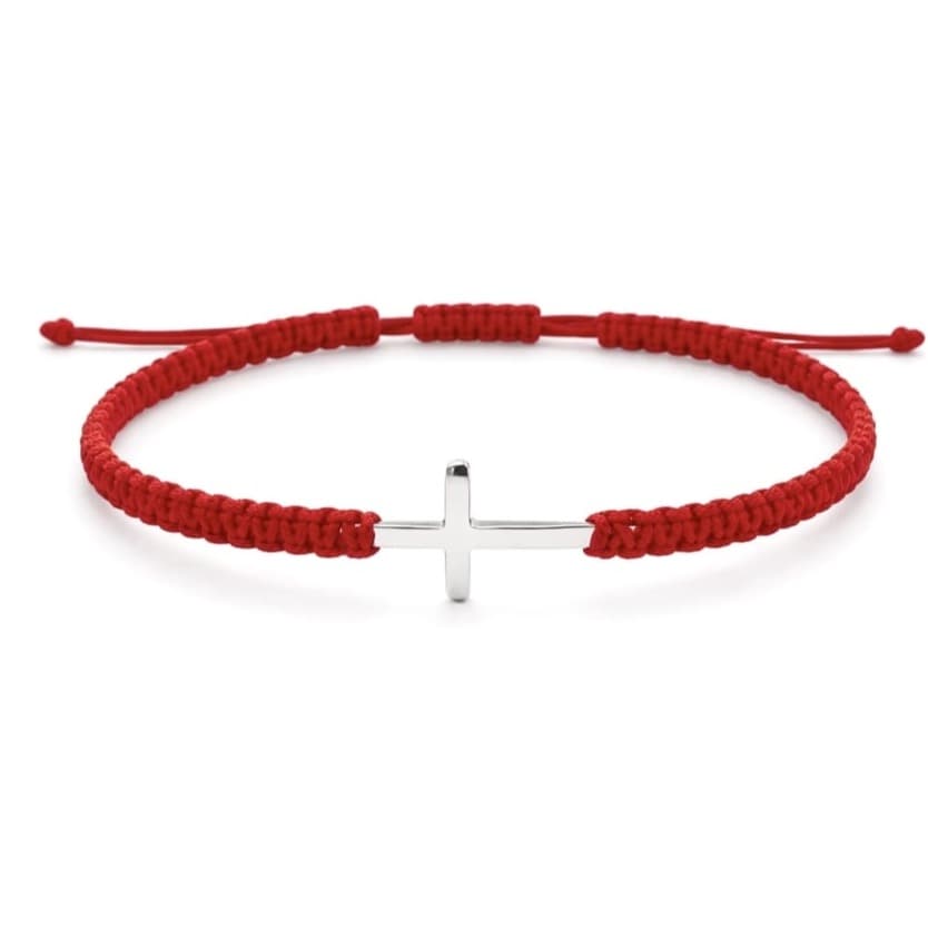 Гривна с червен конец и кръст от бяло злато