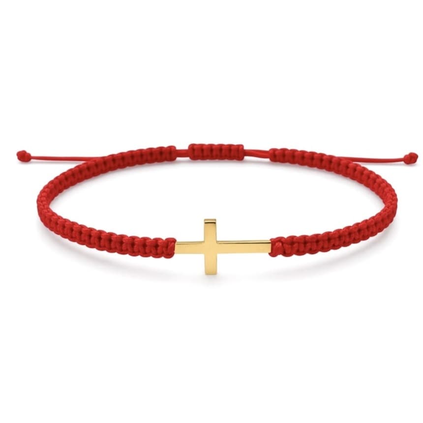 Гривна с червен конец и кръст от жълто злато