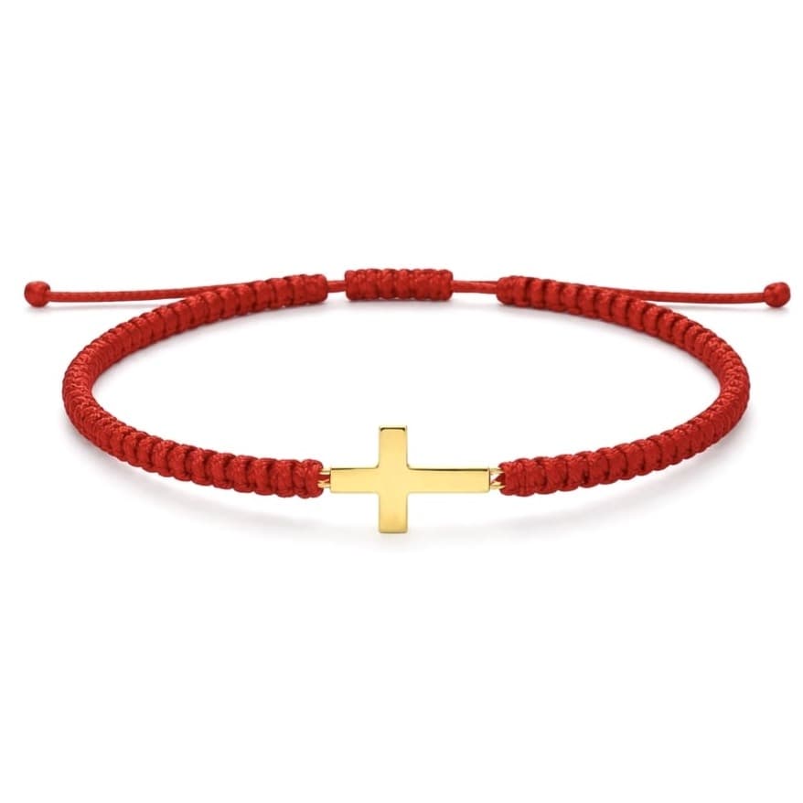 Гривна с червен конец и кръст от жълто злато