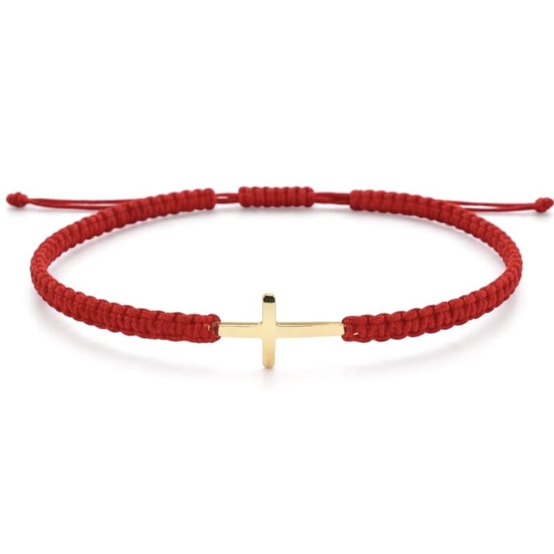 Гривна с червен конец и кръст от жълто злато