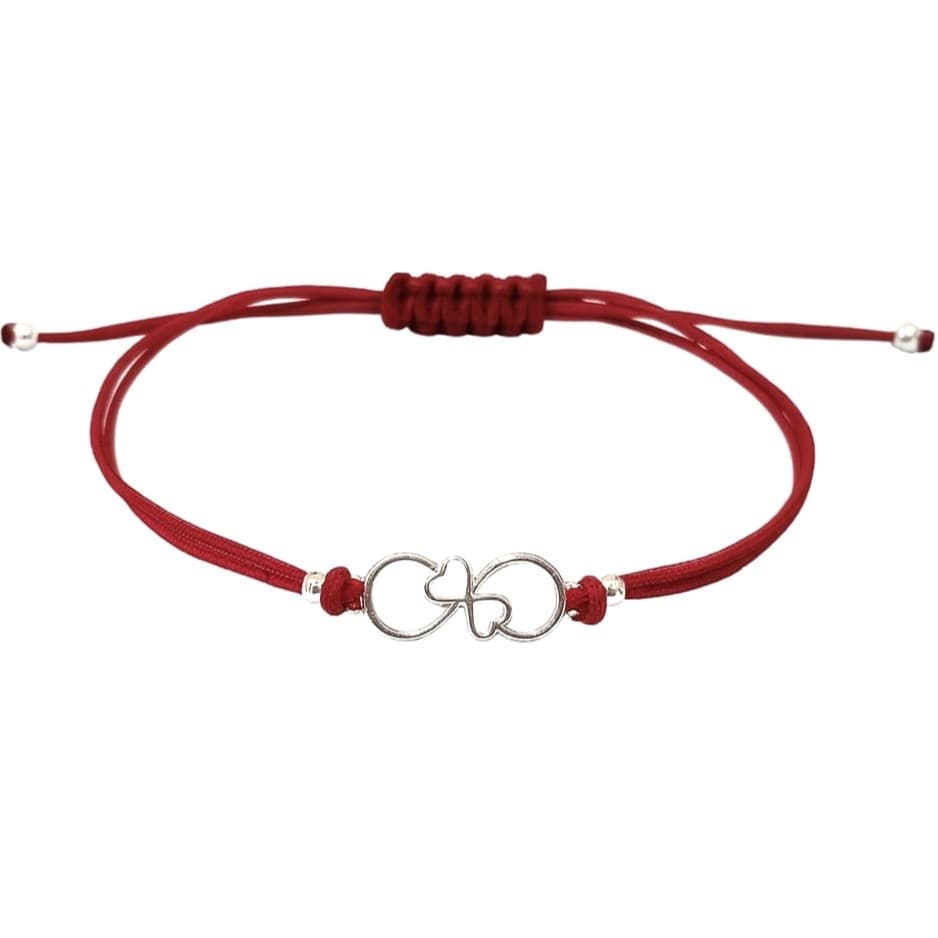 Гривна с червен конец и сребърен талисман безкрайност със сърца