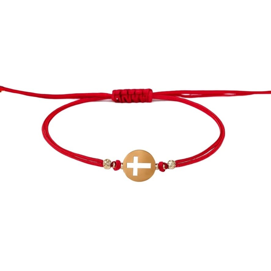 Гривна с червен конец със златна плочка и изрязан кръст