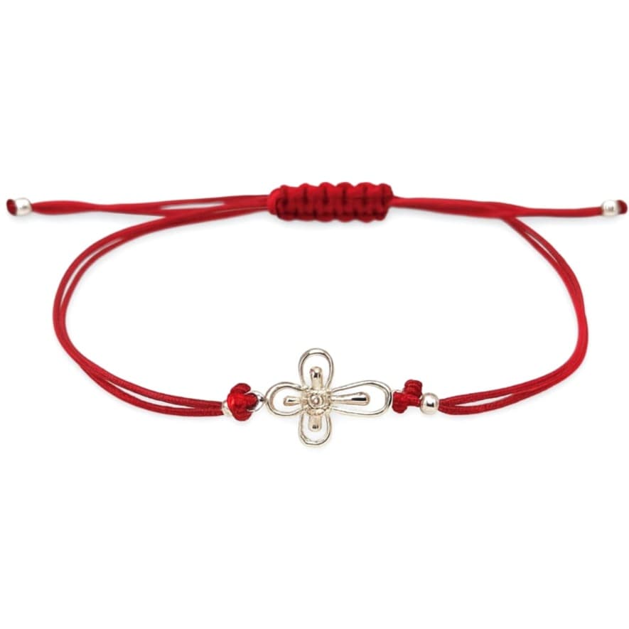 Гривна с червен конец със сребърен кръст и цирконий