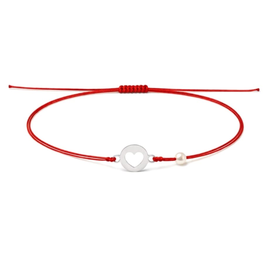 Гривна с червен конец, речна перла и сърце от бяло злато