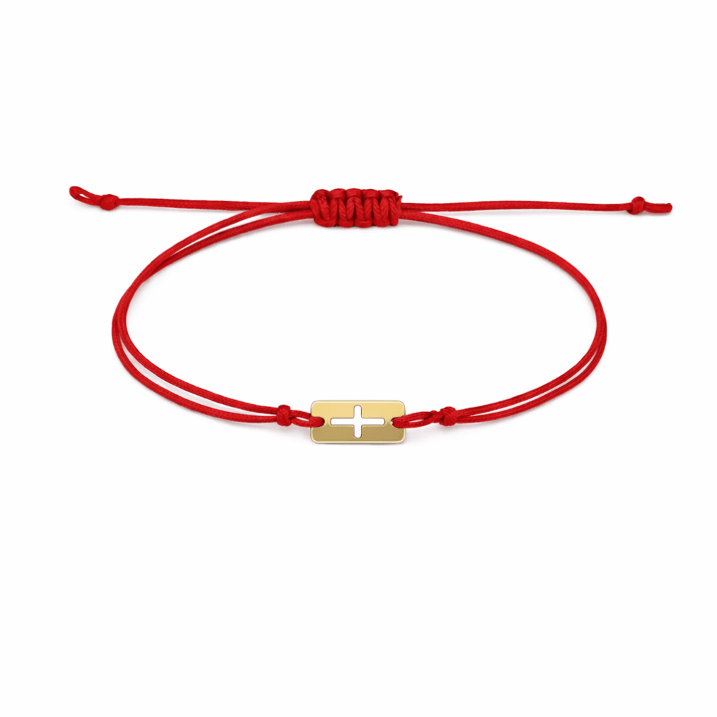 Гривна с червен конец и кръст от жълто злато